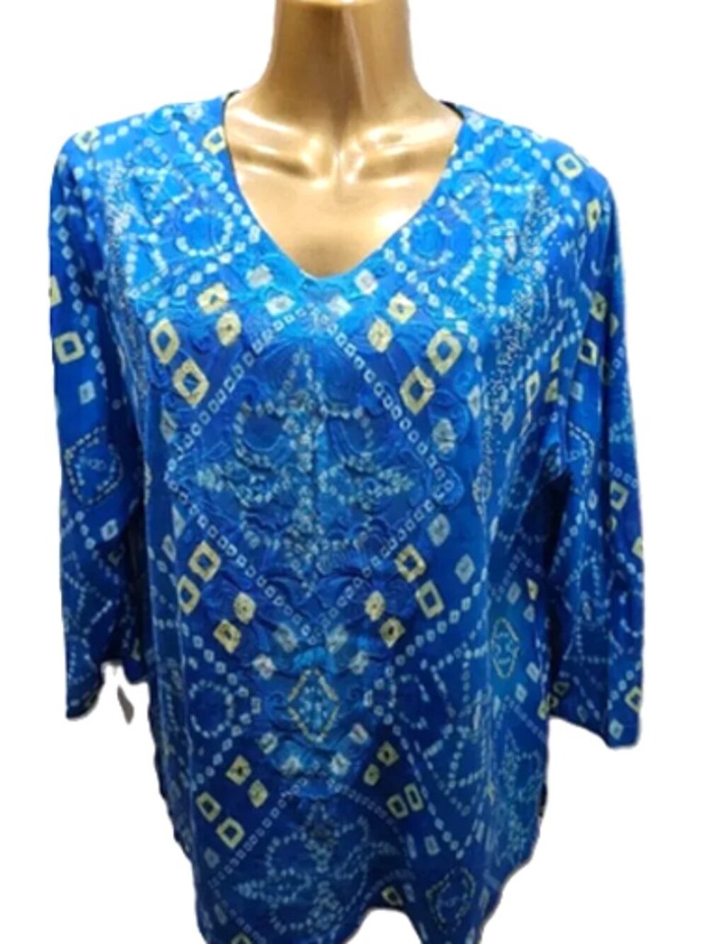 Chico's Blue Green Embellished V-Neck Top size 2